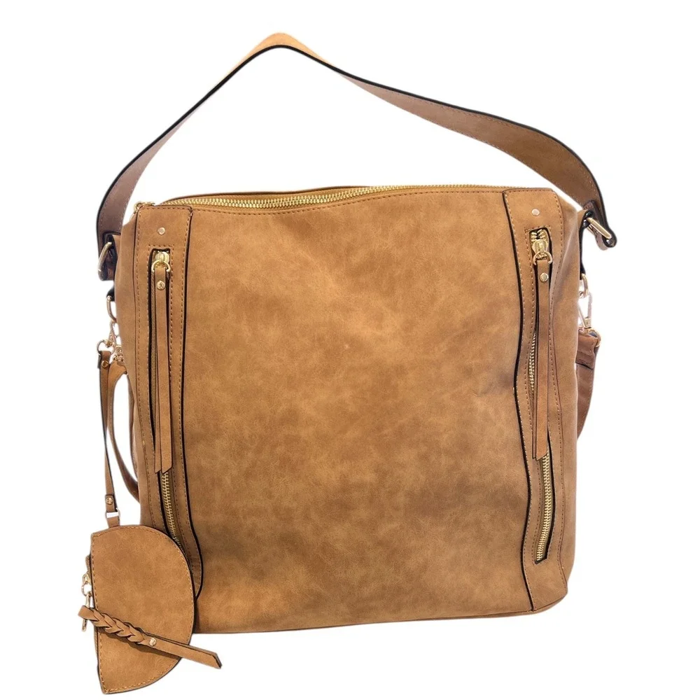 VR NYC Multi-Zip Trim Messenger Handbag Tote Purse Beige Faux Leather Urban Chic